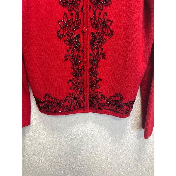 Silk Club Red Cardigan With Black Floral Beaded Embroidery Womens Medium Long - Picture 6 of 7